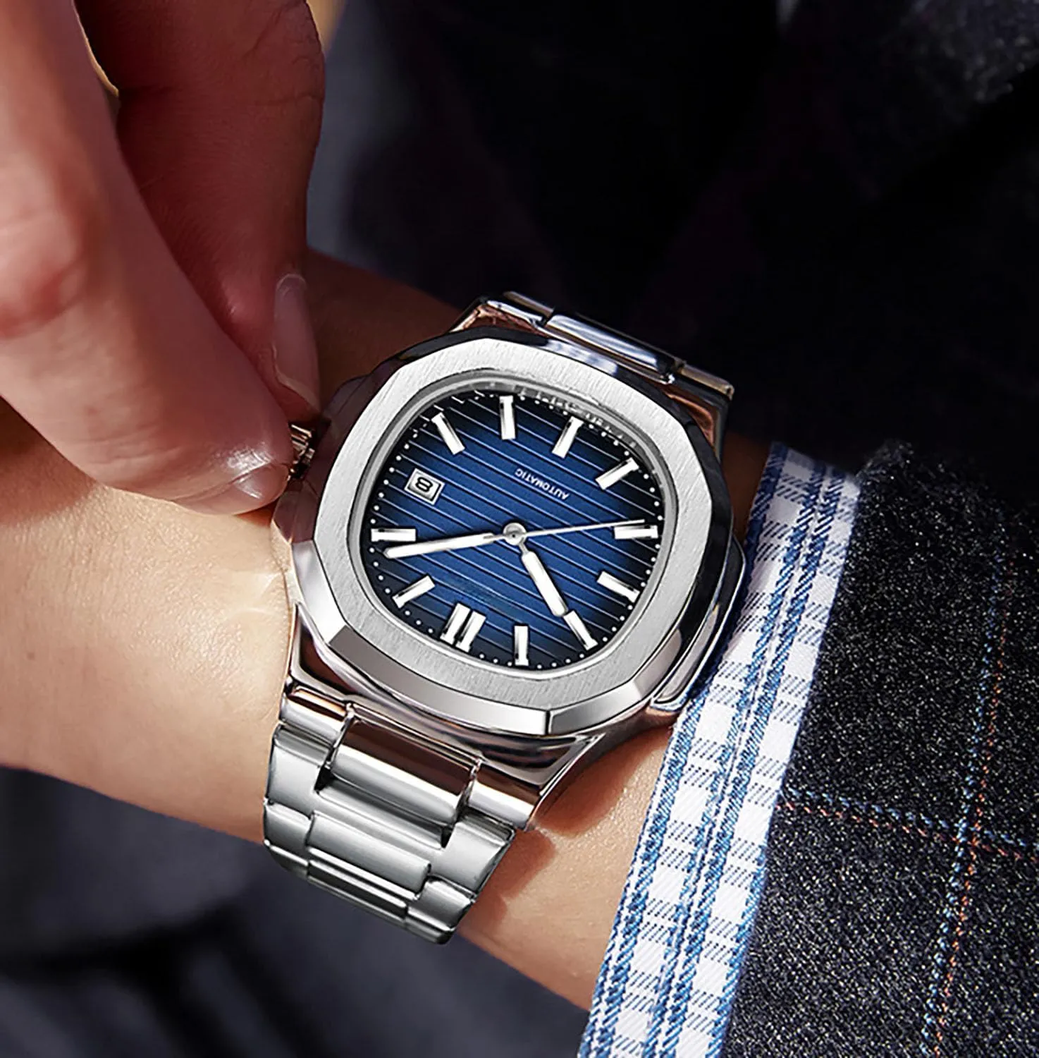 BESTKANG Men Automatic Watch Self Winding Mechanical Watch Stainless Steel Waterproof Luminous Watch Business Wrist Watch