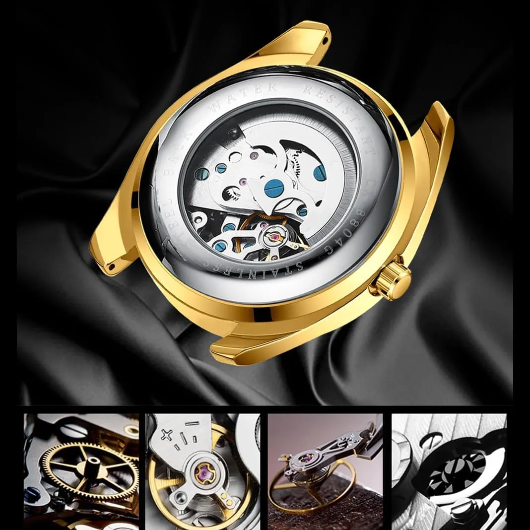 BESTKANG Men's Mechanical Watch Gold Rhinestone Stainless Steel Waterproof Business Automatic Winding Watches for Men