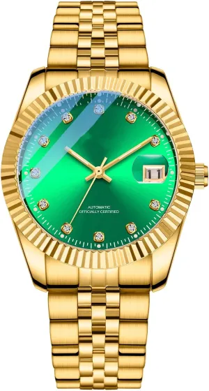 BESTKANG Men's Mechanical Watch Gold Rhinestone Stainless Steel Waterproof Business Automatic Winding Watches for Men