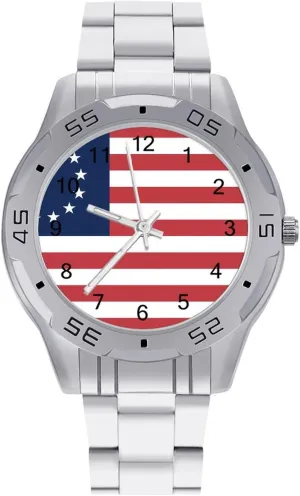 Betsy Ross Flag U.S.A Simple Stainless Steel Band Business Watch Dress Wrist Unique Luxury Work Casual Waterproof Watches