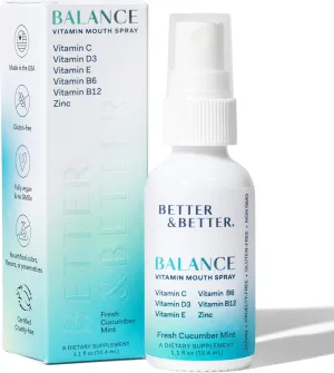 Better & Better Balance Vitamin Mouth Spray | Sublingual Liquid Multivitamin for Immune Support & Oral Health | Fight Dry Mouth, Bad Breath w/Xylitol, Zinc, Vitamins B12, C, D3, E, B6 | Cucumber Mint