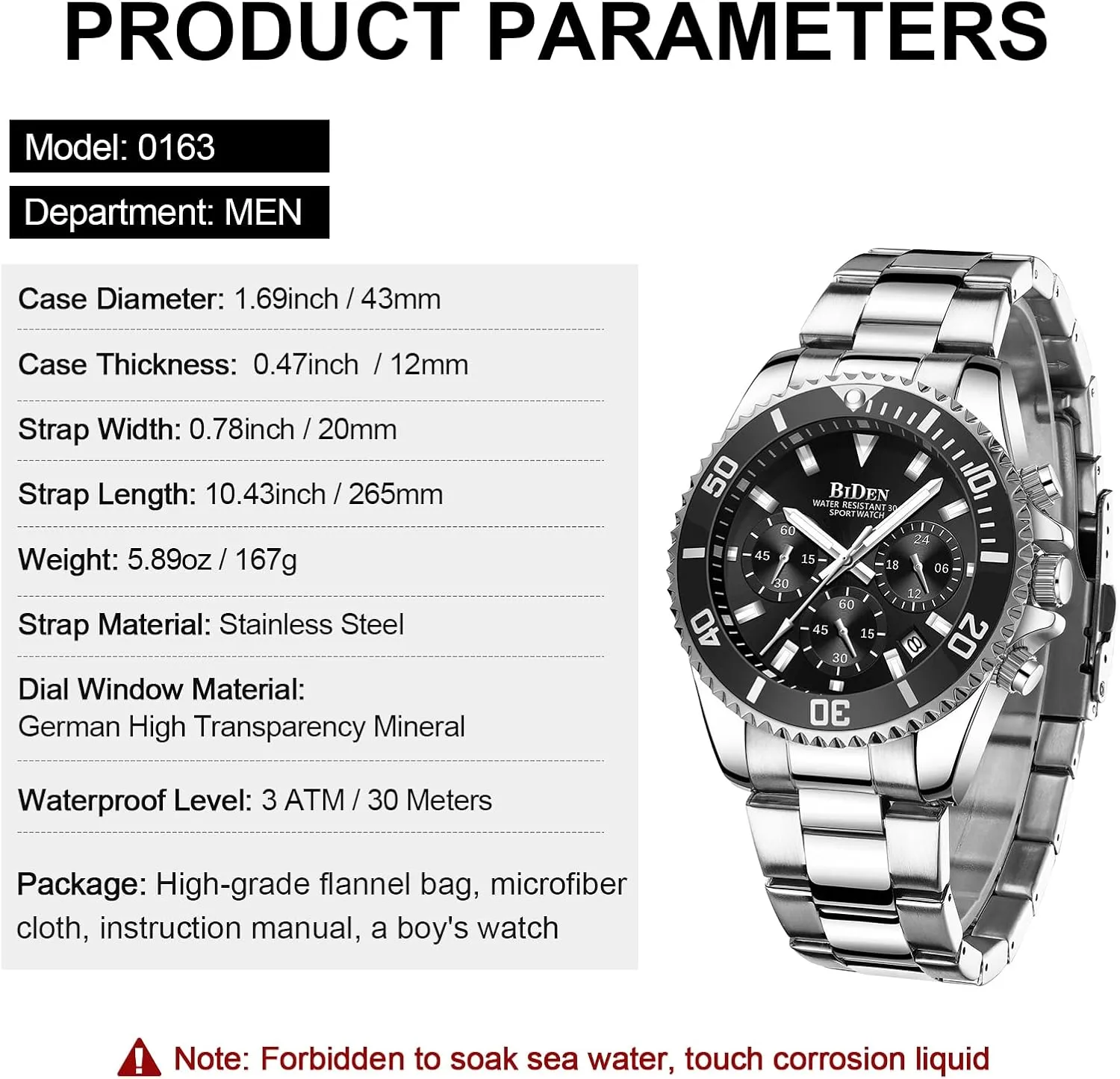 BIDEN Mens Watches Chronograph Stainless Steel Waterproof Date Analog Quartz Watch Business Wrist Watches for Men