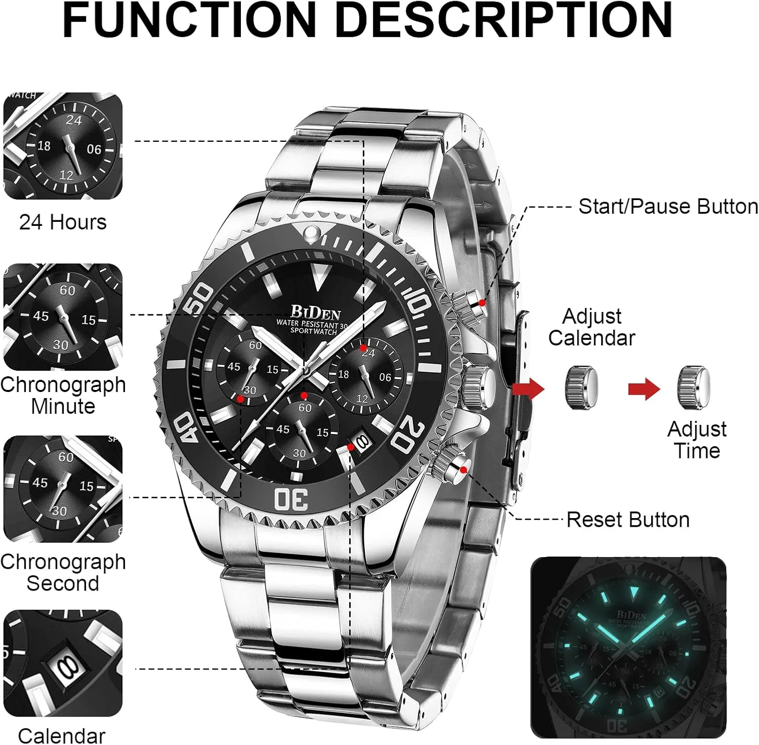 BIDEN Mens Watches Chronograph Stainless Steel Waterproof Date Analog Quartz Watch Business Wrist Watches for Men