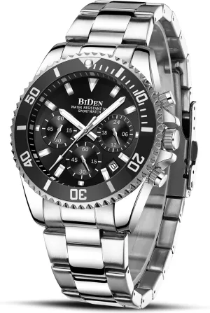 BIDEN Mens Watches Chronograph Stainless Steel Waterproof Date Analog Quartz Watch Business Wrist Watches for Men