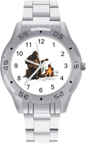 Bigfoot Playing Guitar by Campfire Simple Stainless Steel Band Business Watch Dress Wrist Unique Luxury Work Casual Waterproof Watches