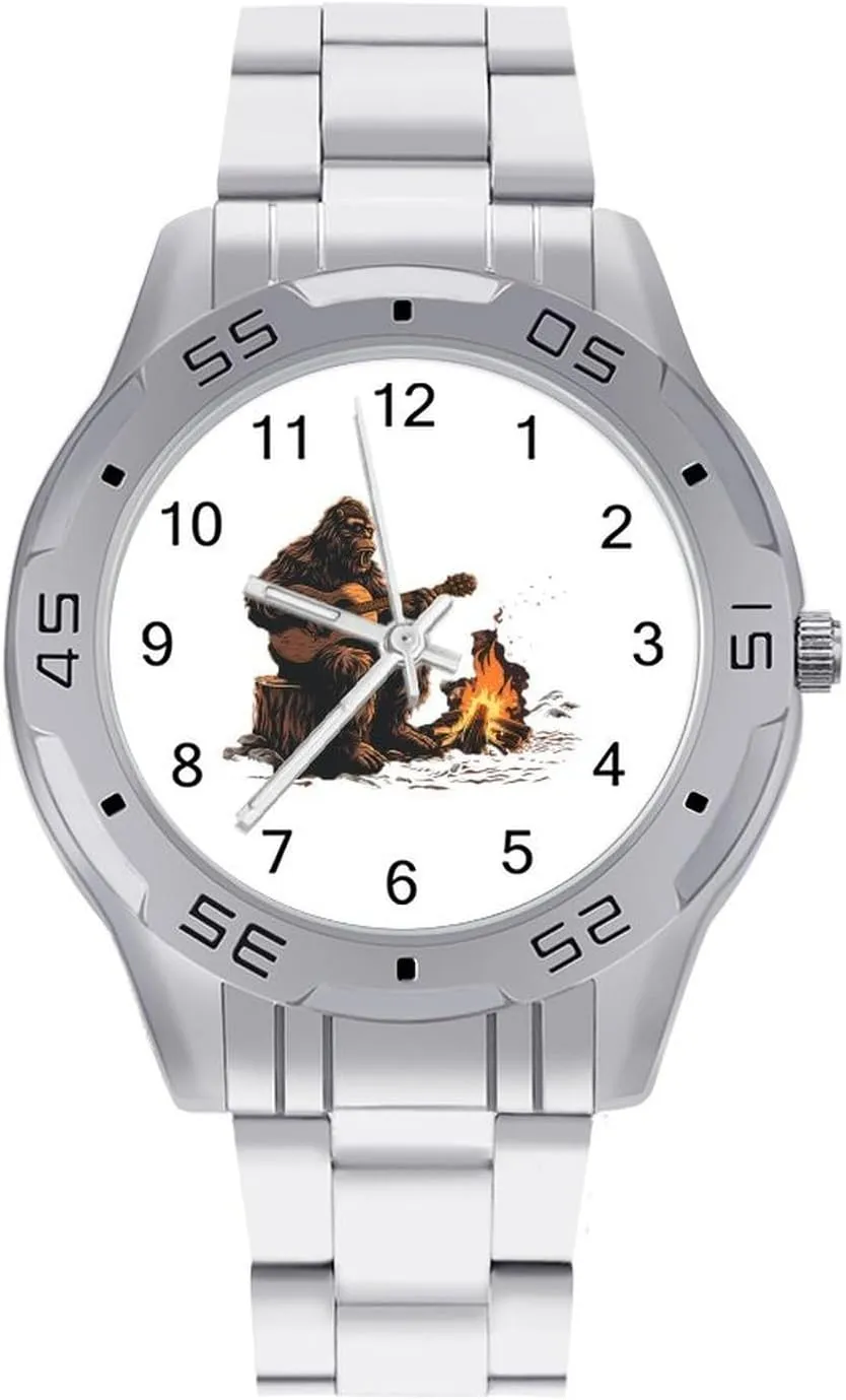 Bigfoot Playing Guitar by Campfire Simple Stainless Steel Band Business Watch Dress Wrist Unique Luxury Work Casual Waterproof Watches