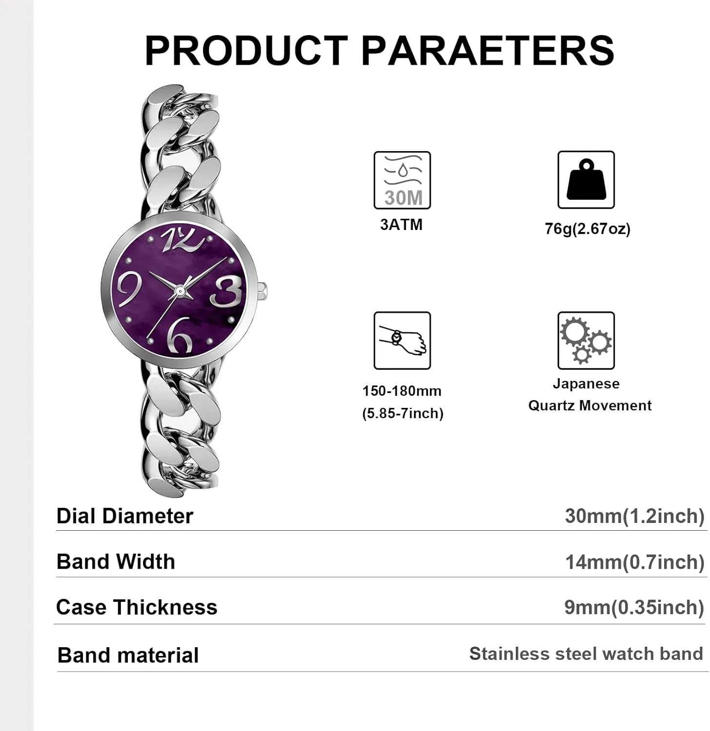 Bisley Women Watch Metal Chain Bracelet Big Arabic Number Easy to Read Waterproof Watch