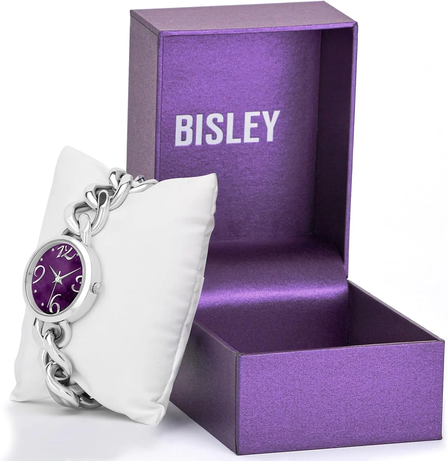Bisley Women Watch Metal Chain Bracelet Big Arabic Number Easy to Read Waterproof Watch