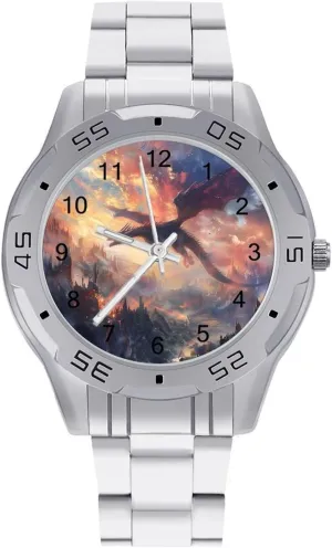 Black Dragon Flying Burning Trees Simple Stainless Steel Band Business Watch Dress Wrist Unique Luxury Work Casual Waterproof Watches