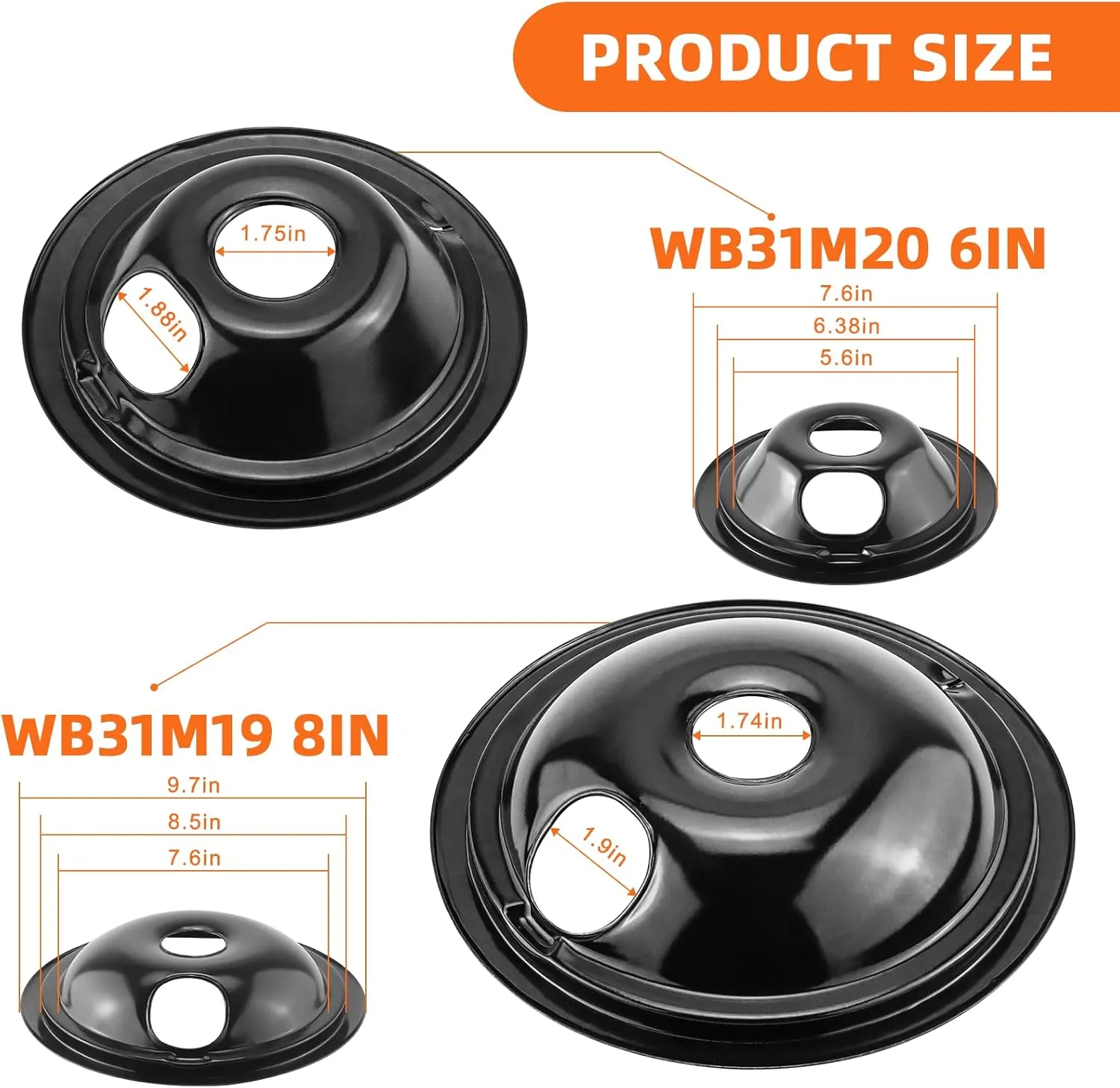 Black Electric Stove Burner Drip Pans WB31M19(8”) WB31M20(6”) and Electric Stove Burner Replacement MP15YA(6") MP21YA(8") for G-E Hot-point Ken-more Electric Range Stove by MIFLUS