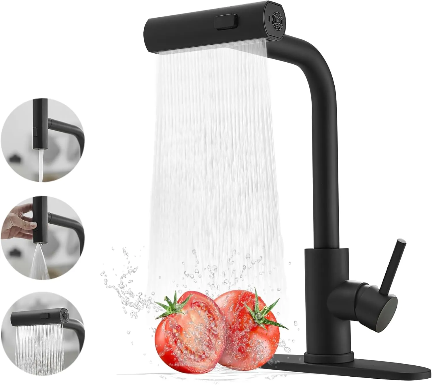 Black Kitchen Faucets with Pull Down Sprayer,Waterfall Kitchen Sink Faucet,Commercial Utility Stainless Steel Kitchen Faucets,Single Handle Kitchen Sink Faucet with Pull Down Sprayer for 3 Function