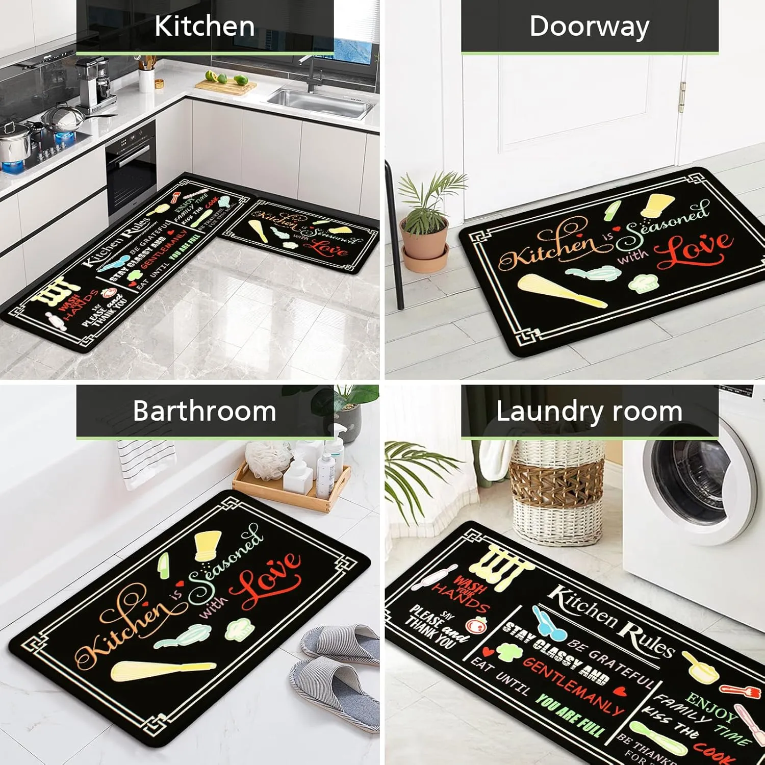Black Kitchen Rugs,Non Skid Washable Microfiber Kitchen mats for Floor,Kitchen Rules Theme Kitchen Cushioned Runner Rug Decor Sets of 2,Size 17"x 47" 17"x 30"