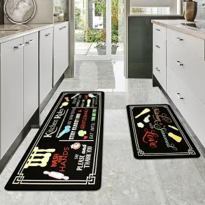 Black Kitchen Rugs,Non Skid Washable Microfiber Kitchen mats for Floor,Kitchen Rules Theme Kitchen Cushioned Runner Rug Decor Sets of 2,Size 17"x 47" 17"x 30"