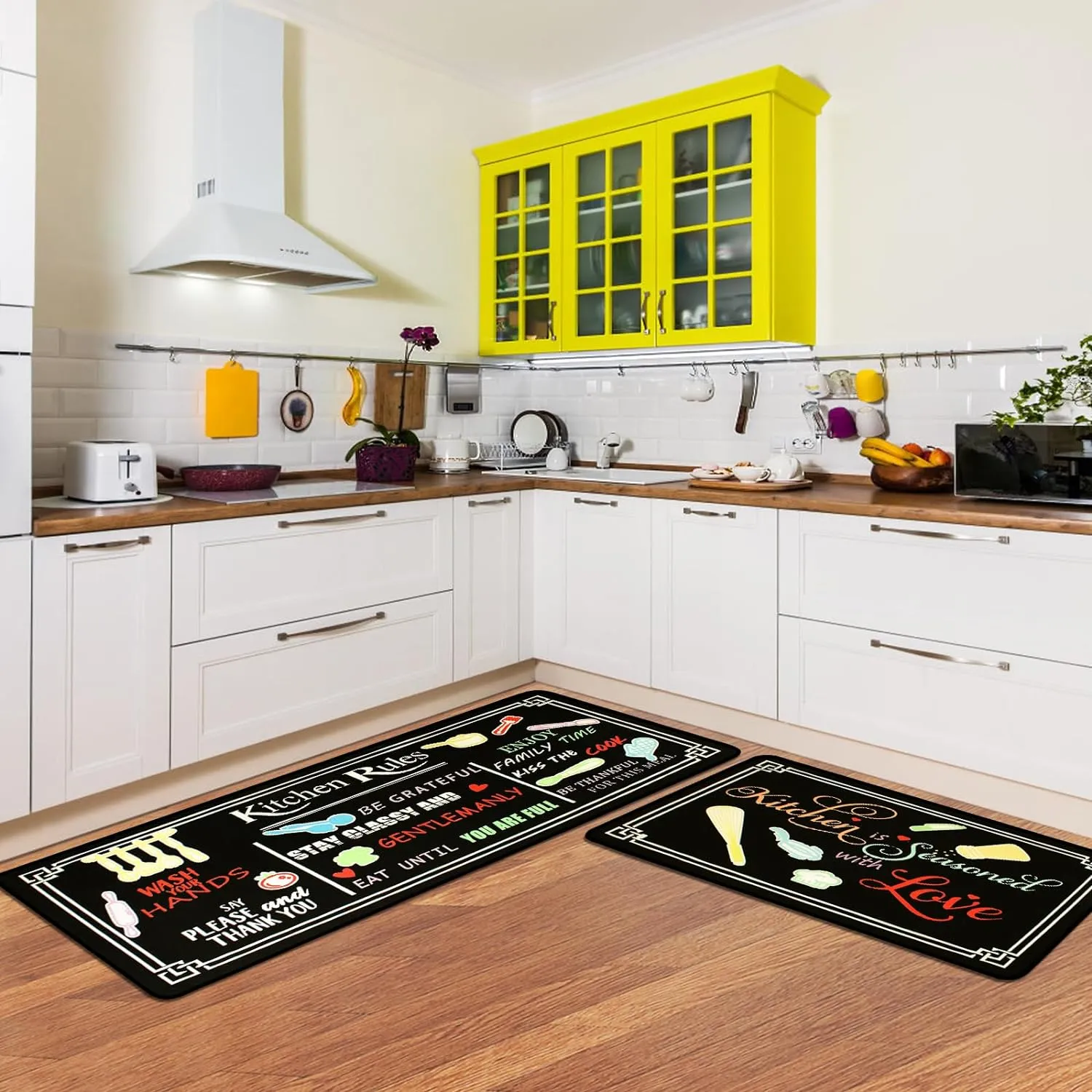 Black Kitchen Rugs,Non Skid Washable Microfiber Kitchen mats for Floor,Kitchen Rules Theme Kitchen Cushioned Runner Rug Decor Sets of 2,Size 17"x 47" 17"x 30"