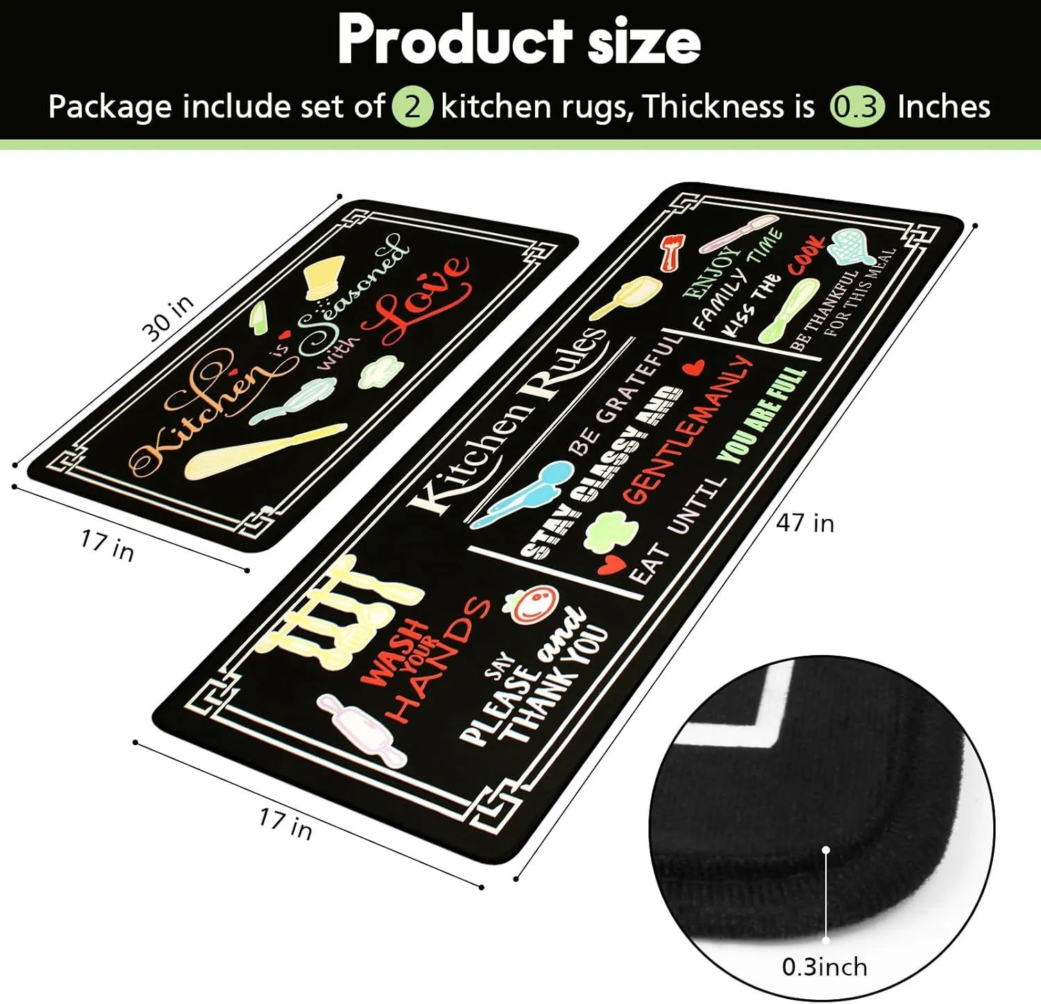 Black Kitchen Rugs,Non Skid Washable Microfiber Kitchen mats for Floor,Kitchen Rules Theme Kitchen Cushioned Runner Rug Decor Sets of 2,Size 17"x 47" 17"x 30"