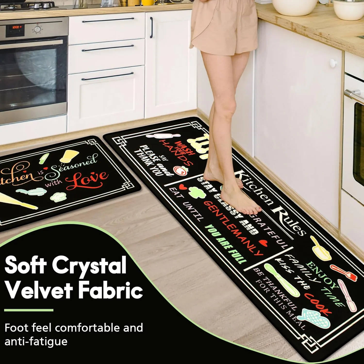Black Kitchen Rugs,Non Skid Washable Microfiber Kitchen mats for Floor,Kitchen Rules Theme Kitchen Cushioned Runner Rug Decor Sets of 2,Size 17"x 47" 17"x 30"