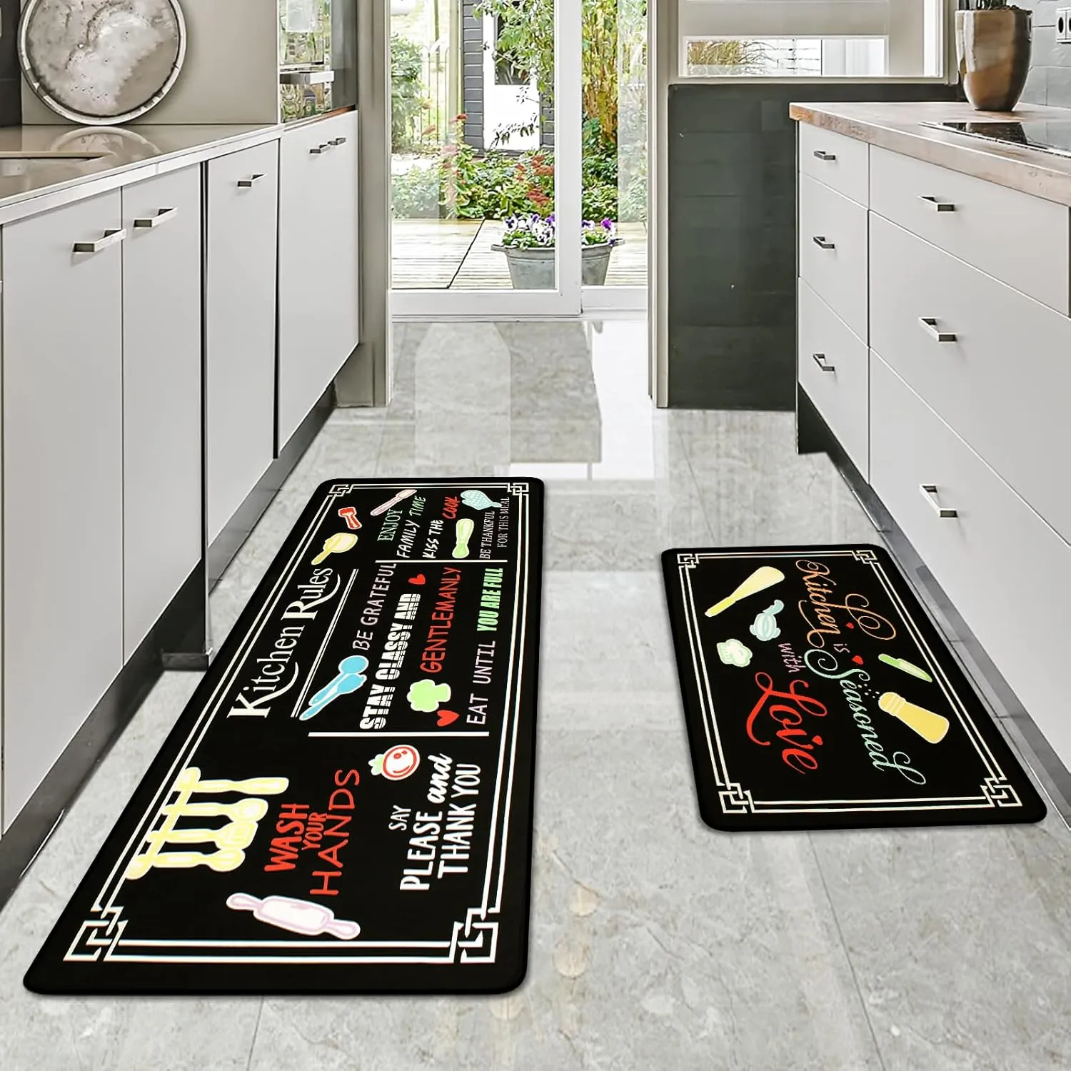 Black Kitchen Rugs,Non Skid Washable Microfiber Kitchen mats for Floor,Kitchen Rules Theme Kitchen Cushioned Runner Rug Decor Sets of 2,Size 17"x 47" 17"x 30"