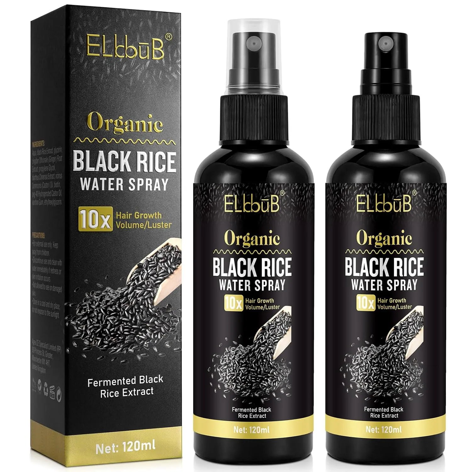 Black Rice Water Hair Growth Serum Spray - Natural Vegan Hair Regrowth Treatment for Men & Women with Castor Oil and Ginger - Ideal for Damaged, Dry Hair - Enhances Thickness, Length, Luster