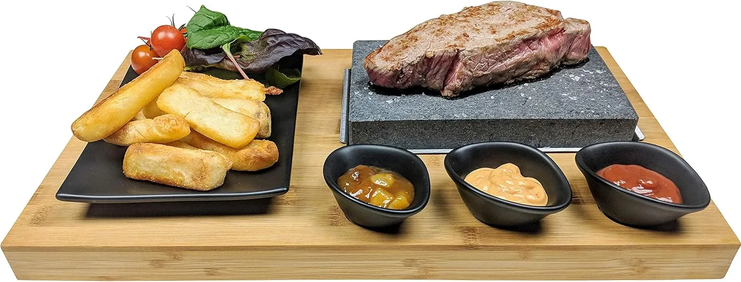 Black Rock Grill Steak Stone, Hot Stone Grill - Sizzling Hot Rock, Indoor Grill, Cooking Stone with Matt Black Ramekins and Side Plate (One Standard Set)