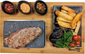 Black Rock Grill Steak Stone, Hot Stone Grill - Sizzling Hot Rock, Indoor Grill, Cooking Stone with Matt Black Ramekins and Side Plate (One Standard Set)