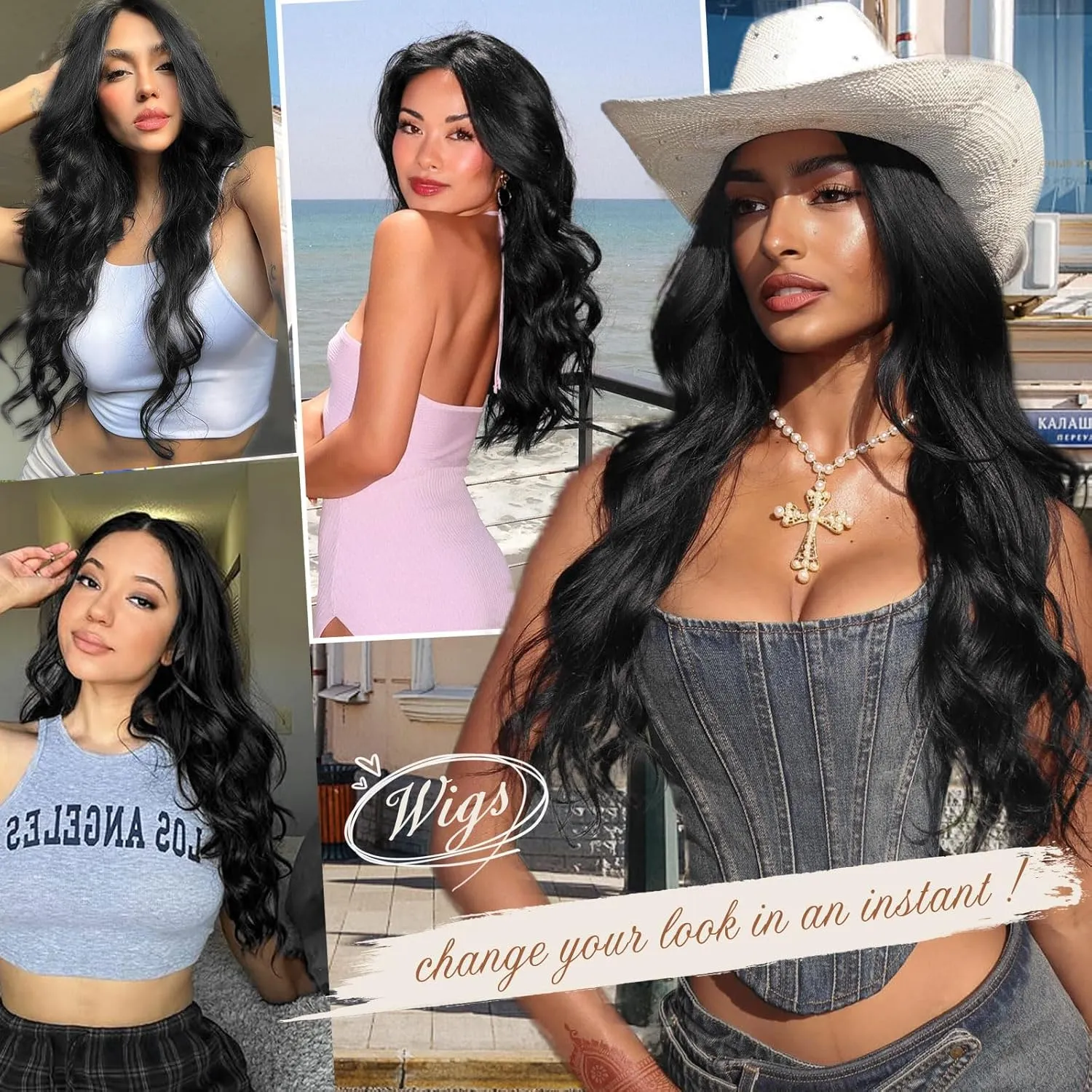 Black Wigs for Women, Long Wavy Wigs Middle Part Curly Wavy Wig Natural Looking Synthetic Heat Resistant Fiber Wig for Daily Party Use 26 Inch