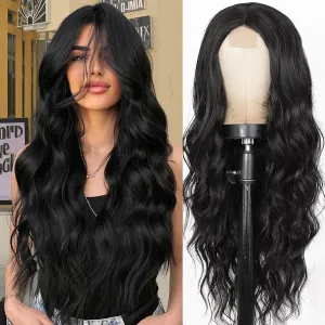 Black Wigs for Women, Long Wavy Wigs Middle Part Curly Wavy Wig Natural Looking Synthetic Heat Resistant Fiber Wig for Daily Party Use 26 Inch