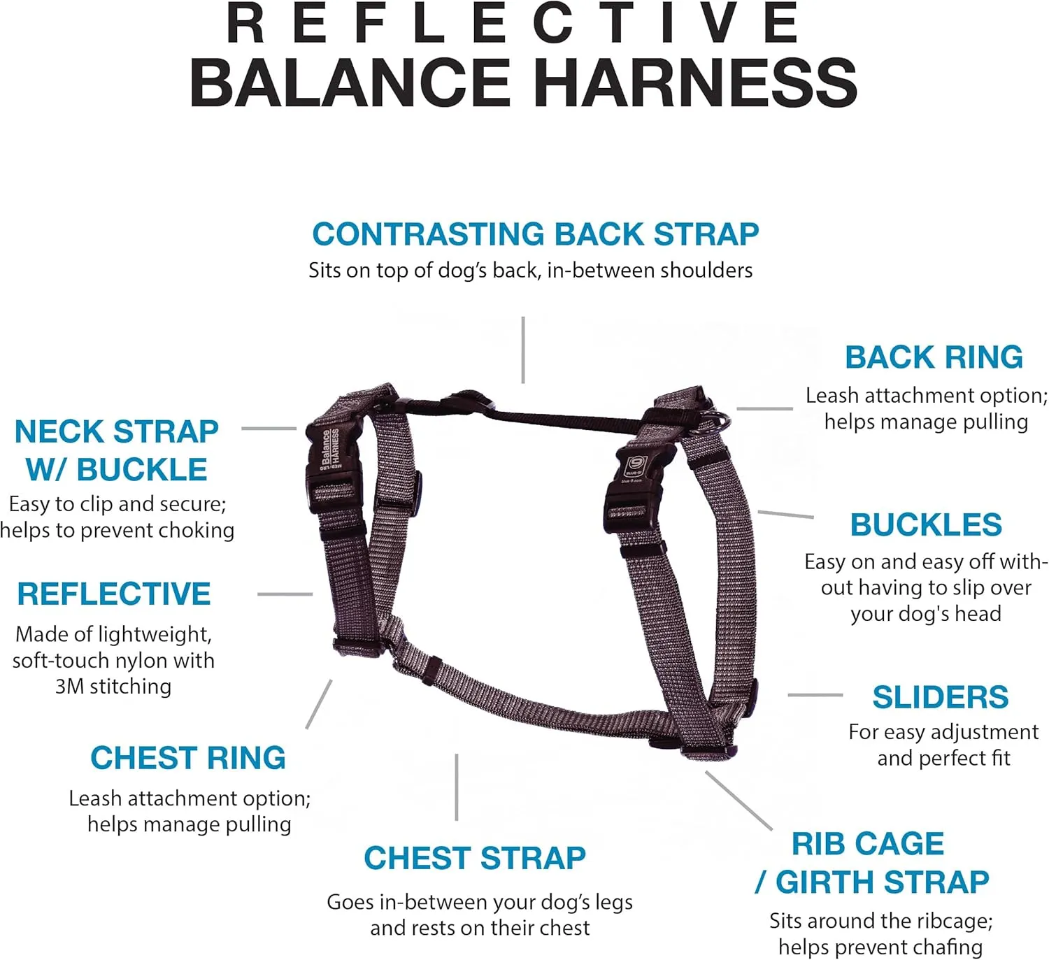 Blue-9 Reflective Buckle-Neck Balance Harness, Fully Customizable Fit No-Pull Harness with 3M Reflective Stitching, Ideal for Dog Training and Obedience, Made in The USA, Grey, Medium