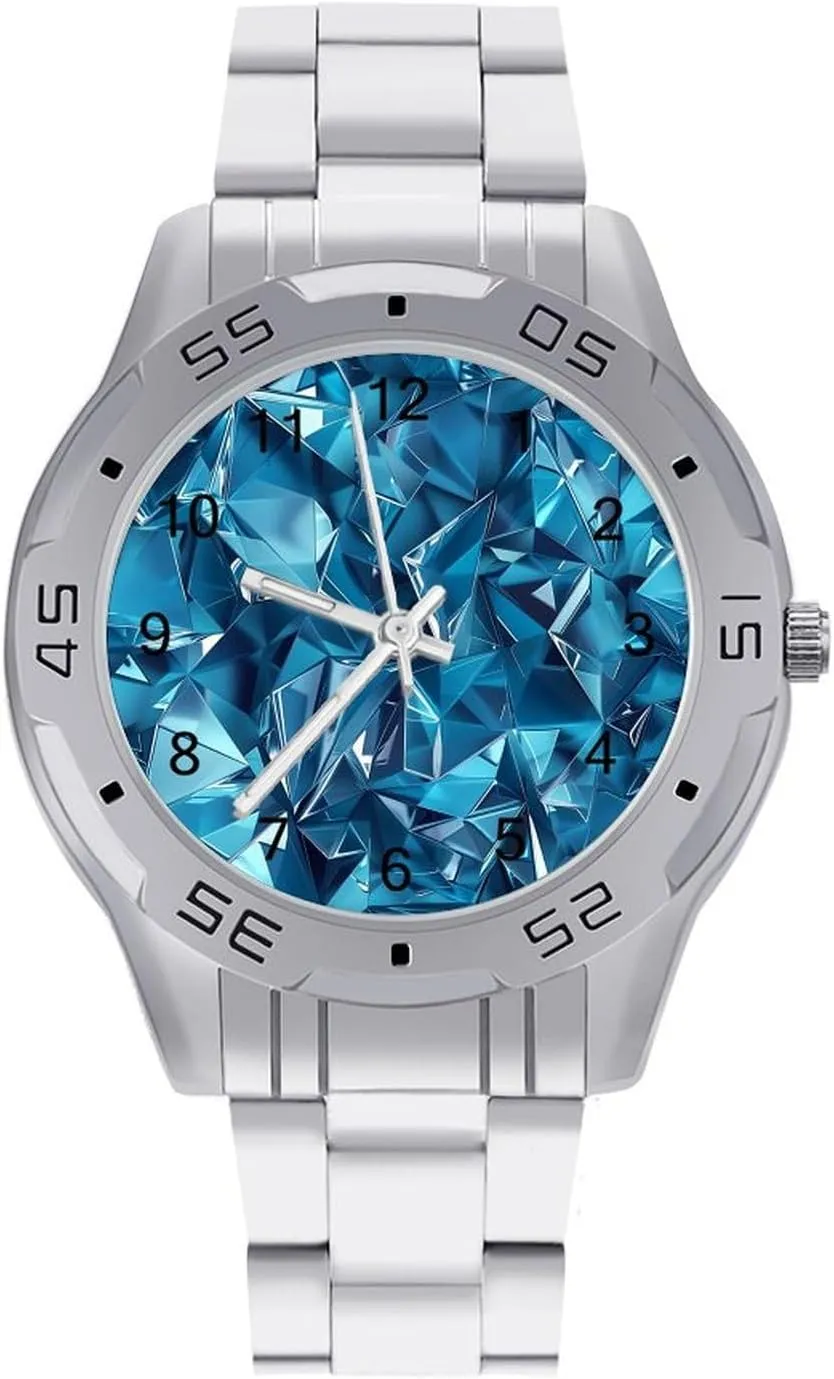 Blue Geometric Diamond Simple Stainless Steel Band Business Watch Dress Wrist Unique Luxury Work Casual Waterproof Watches