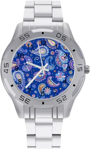 Blue Paisley Pattern Simple Stainless Steel Band Business Watch Dress Wrist Unique Luxury Work Casual Waterproof Watches