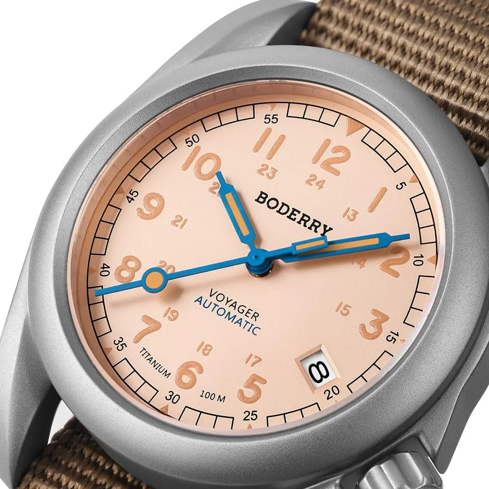 BODERRY Men's Watch Titanium Automatic Field Watch 40mm Military Watch Day Date Function 100M Waterproof with Titanium Bracelet Japanese Mechanical Movement & Screw Down Crown—Voyager