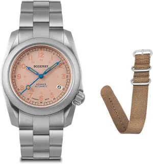BODERRY Men's Watch Titanium Automatic Field Watch 40mm Military Watch Day Date Function 100M Waterproof with Titanium Bracelet Japanese Mechanical Movement & Screw Down Crown—Voyager