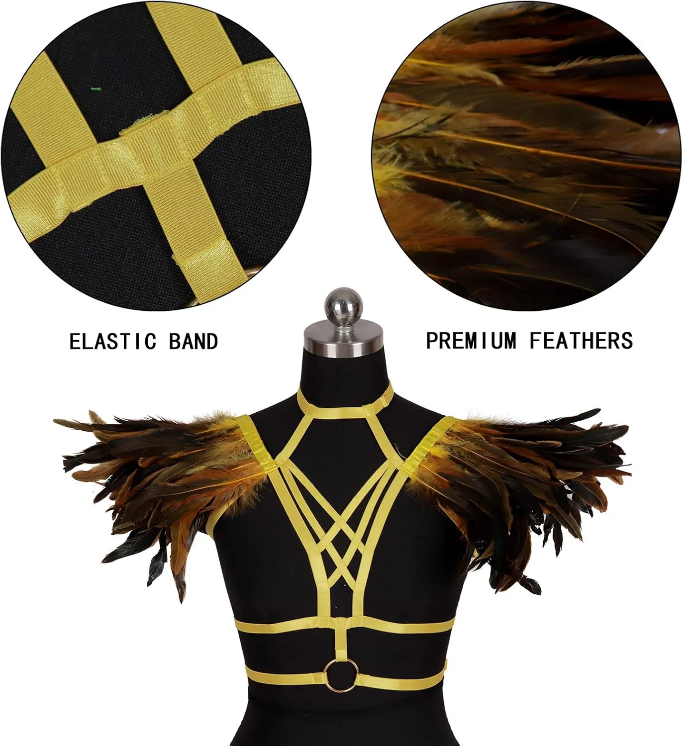 Body CAGE Women's Feathers Body Harness Bra Gothic Punk Epaulette Burning Man Festival Rave Wing Bralette Adjustable