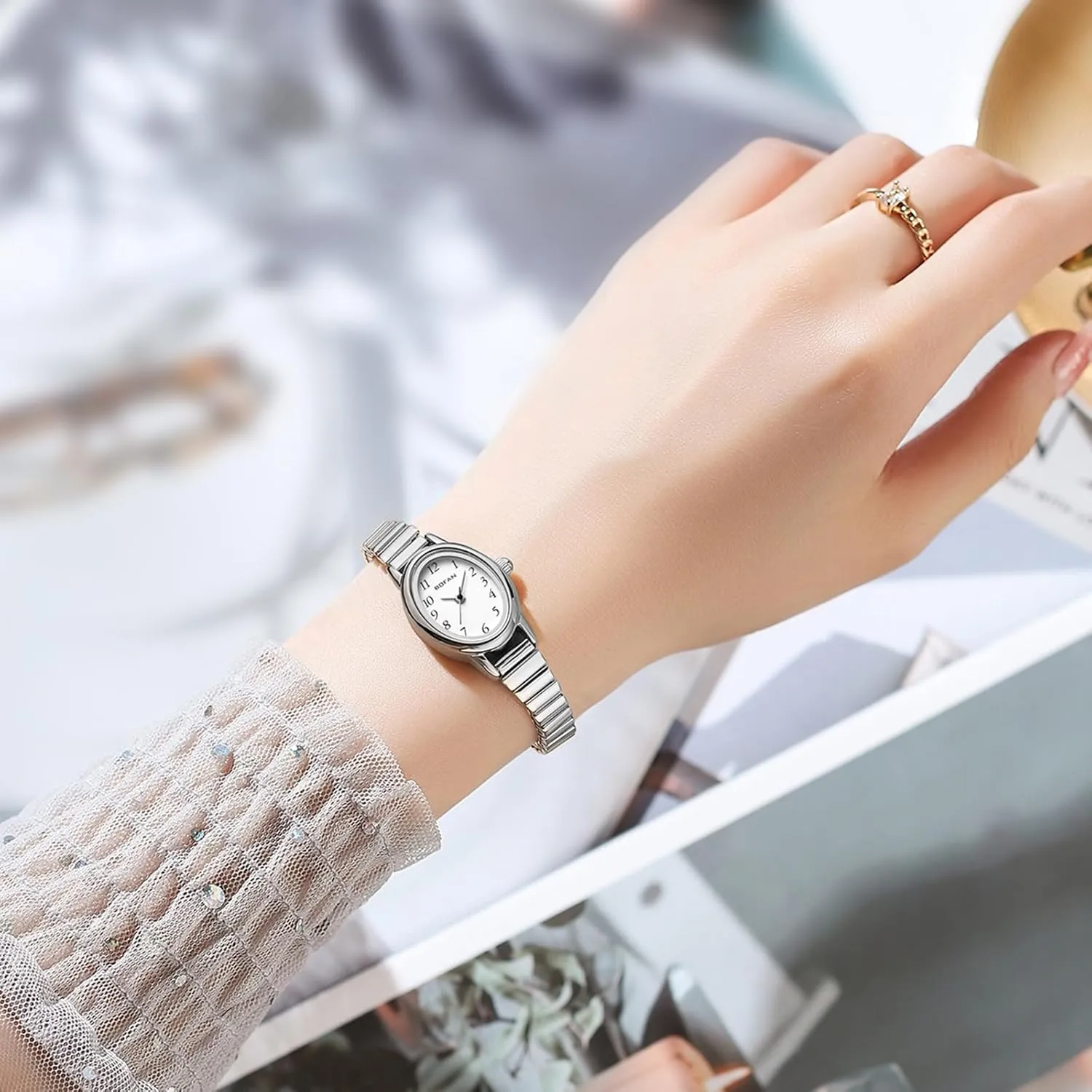 BOFAN Small Gold Watches for Women Easy Read Ladies Quartz Wrist Watch with Stainless Steel Expansion Band,Waterproof.
