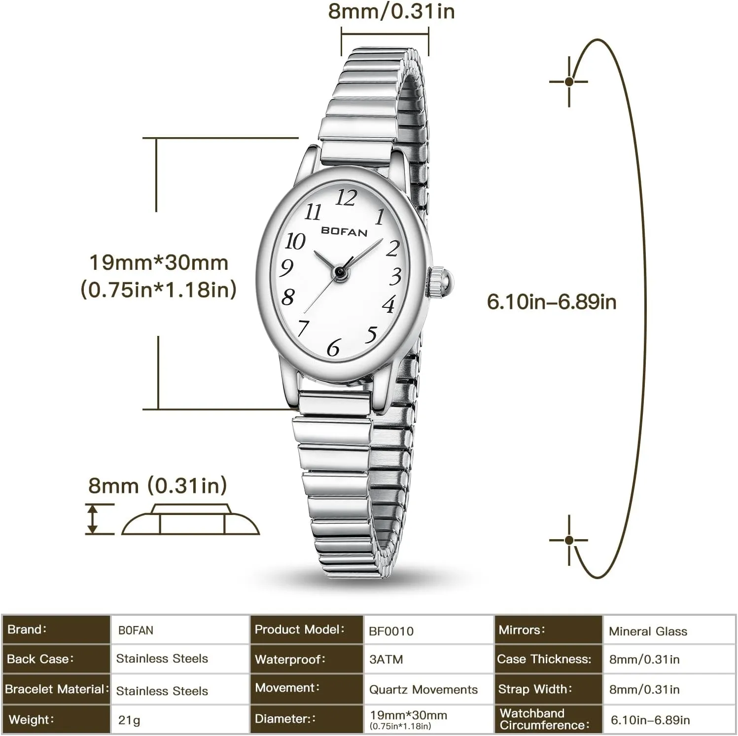 BOFAN Small Gold Watches for Women Easy Read Ladies Quartz Wrist Watch with Stainless Steel Expansion Band,Waterproof.