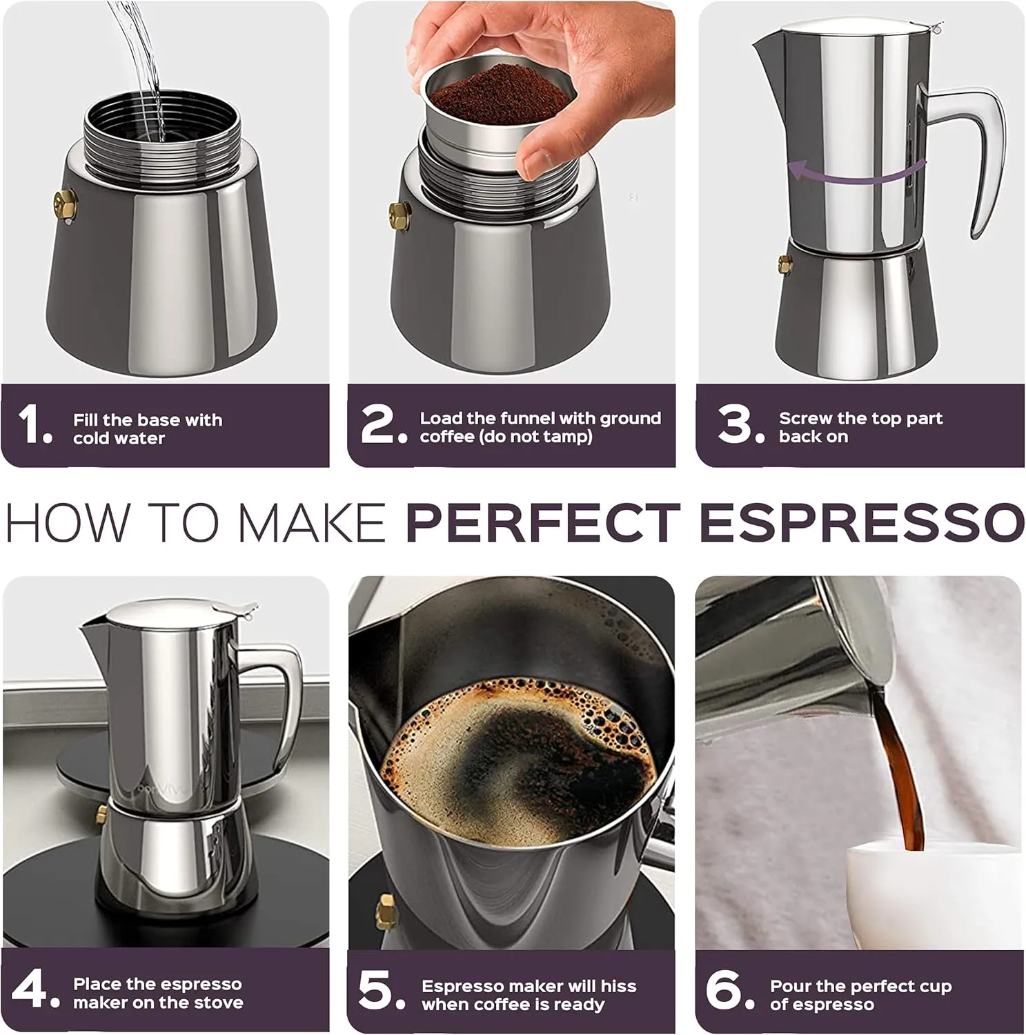 bonVIVO Intenca Stovetop Espresso Maker - Luxurious, Stainless Steel Italian Coffee Maker for Camping or Home Use - Makes 6 Cups of Full-Bodied Coffee - Black, 10oz