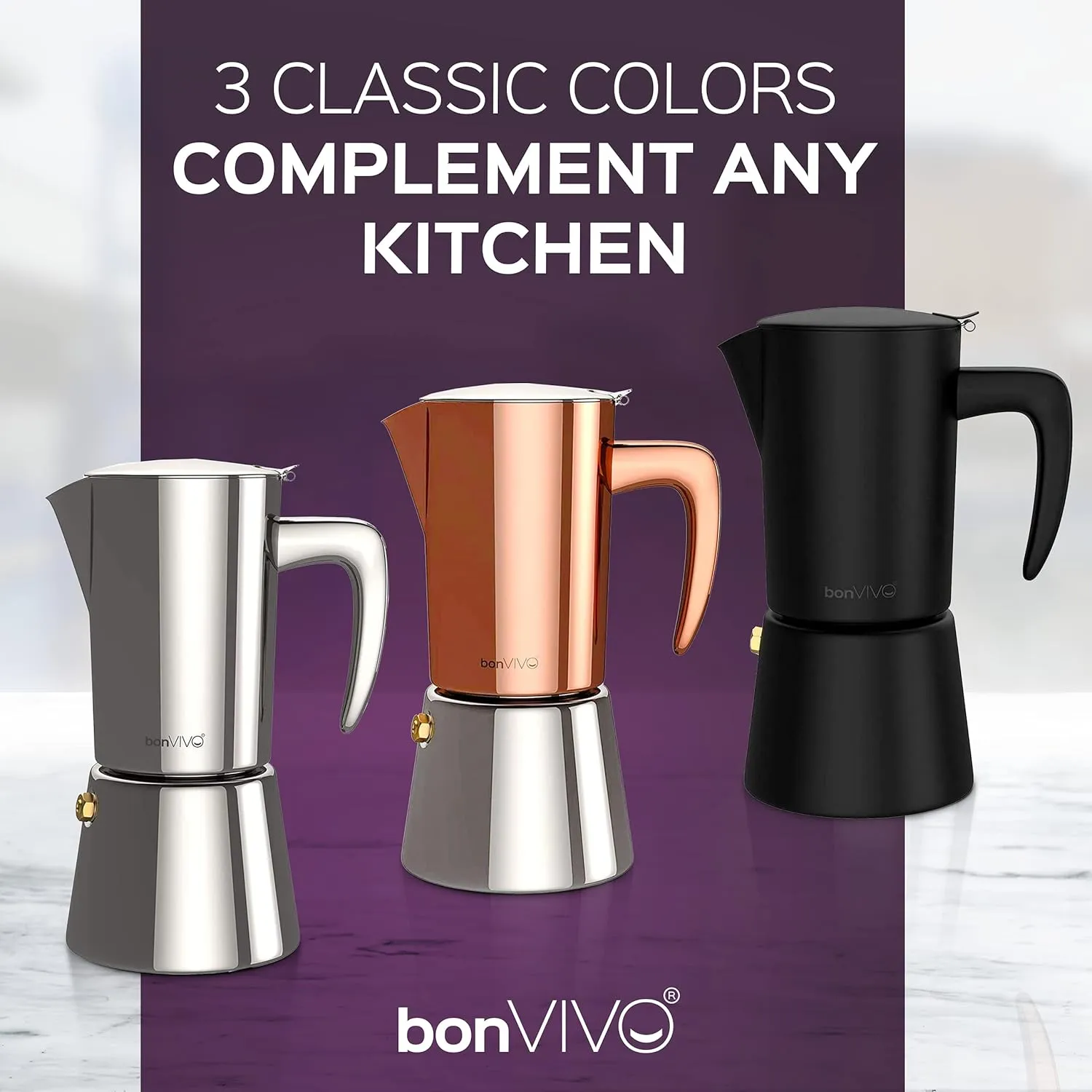 bonVIVO Intenca Stovetop Espresso Maker - Luxurious, Stainless Steel Italian Coffee Maker for Camping or Home Use - Makes 6 Cups of Full-Bodied Coffee - Black, 10oz