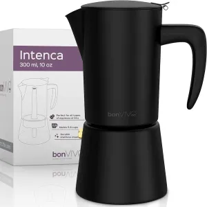 bonVIVO Intenca Stovetop Espresso Maker - Luxurious, Stainless Steel Italian Coffee Maker for Camping or Home Use - Makes 6 Cups of Full-Bodied Coffee - Black, 10oz