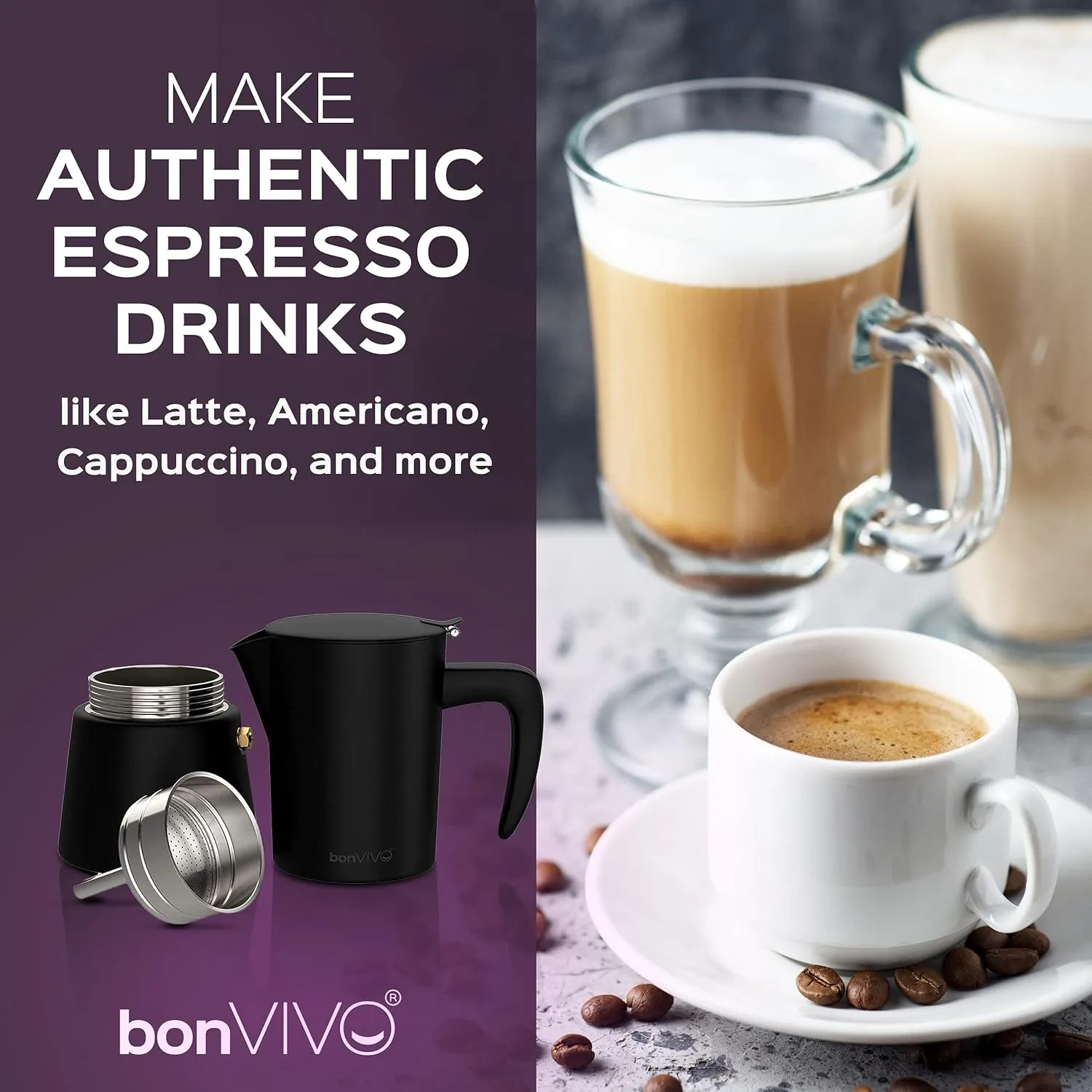 bonVIVO Intenca Stovetop Espresso Maker - Luxurious, Stainless Steel Italian Coffee Maker for Camping or Home Use - Makes 6 Cups of Full-Bodied Coffee - Black, 10oz