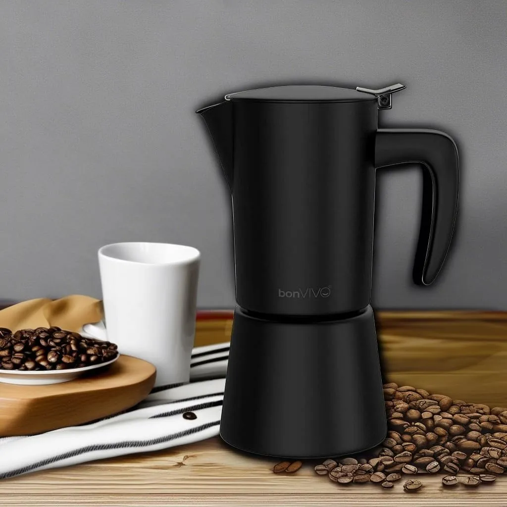 bonVIVO Intenca Stovetop Espresso Maker - Luxurious, Stainless Steel Italian Coffee Maker for Camping or Home Use - Makes 6 Cups of Full-Bodied Coffee - Black, 10oz