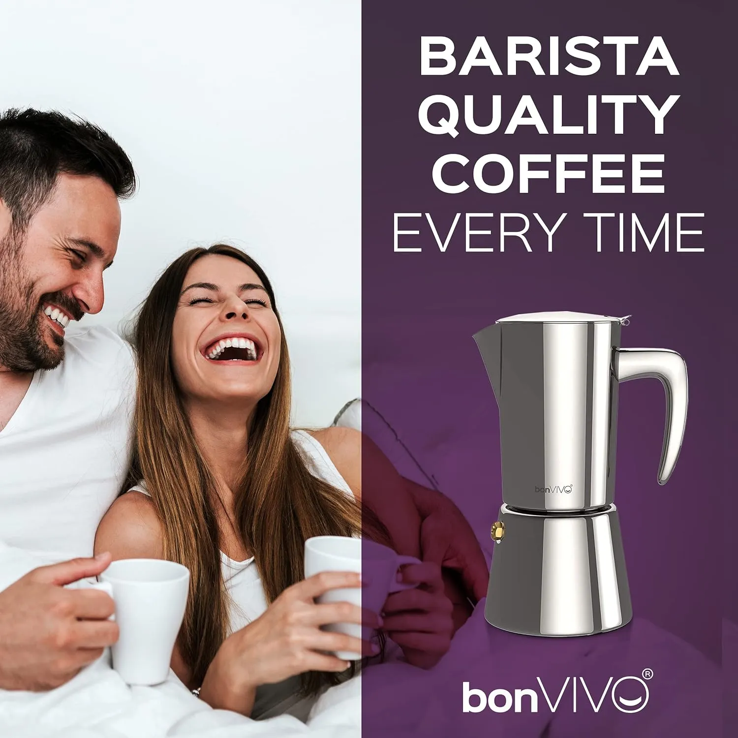 bonVIVO Intenca Stovetop Espresso Maker - Luxurious, Stainless Steel Italian Coffee Maker for Camping or Home Use - Makes 6 Cups of Full-Bodied Coffee - Black, 10oz