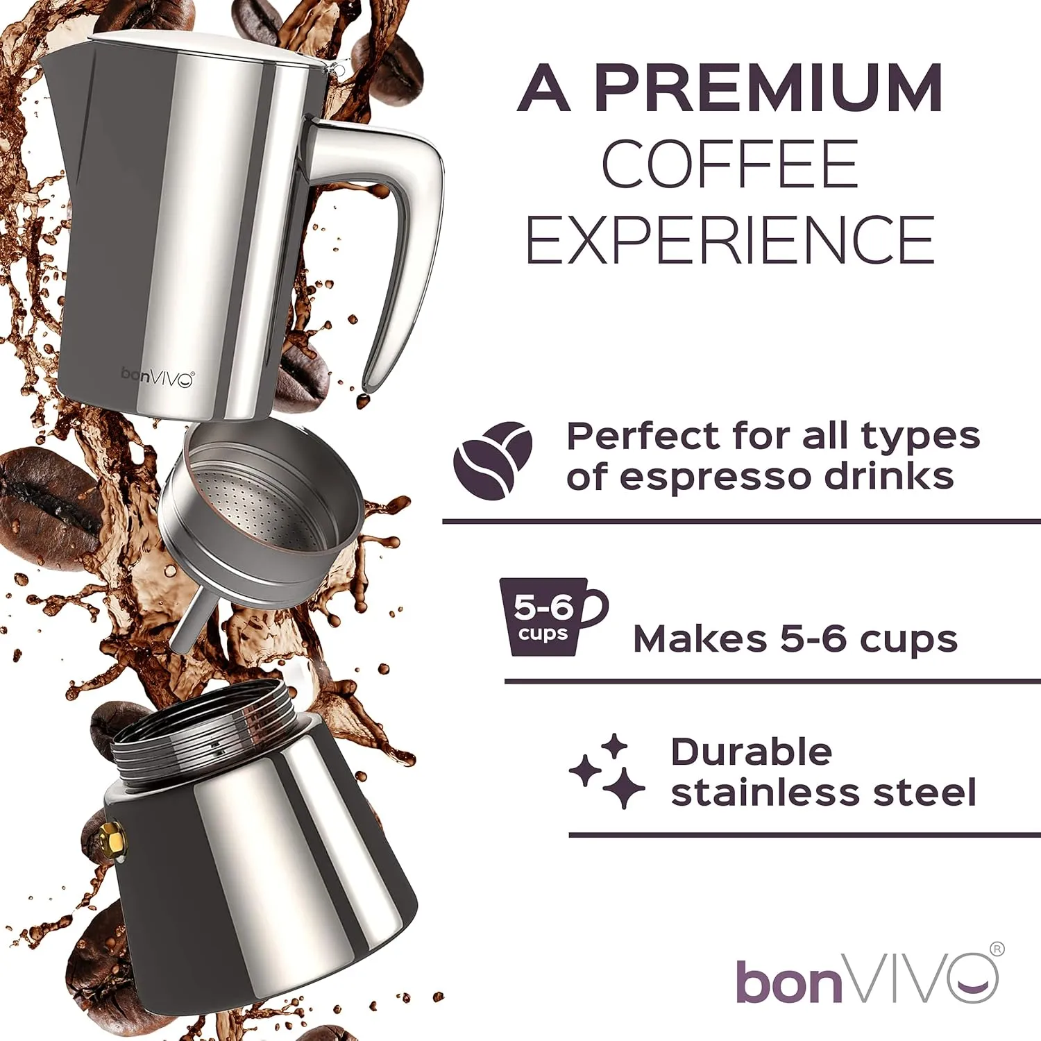 bonVIVO Intenca Stovetop Espresso Maker - Luxurious, Stainless Steel Italian Coffee Maker for Camping or Home Use - Makes 6 Cups of Full-Bodied Coffee - Black, 10oz