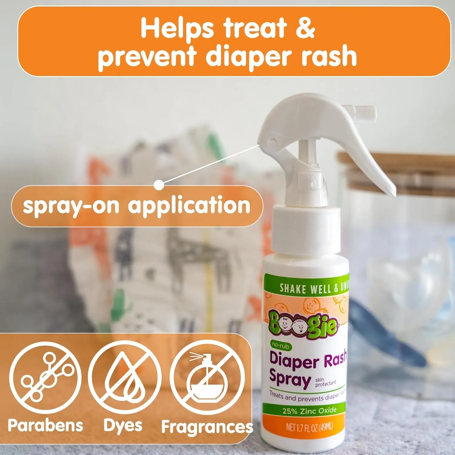 Boogie Diaper Rash Cream Spray for Baby, Travel Friendly No-Rub Touch Free Application for Sensitive Skin, Over 200 Sprays per Bottle, 1.7 oz (Pack of 3)