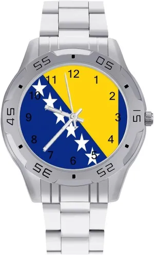 Bosnia and Herzegovina Flag Simple Stainless Steel Band Business Watch Dress Wrist Unique Luxury Work Casual Waterproof Watches