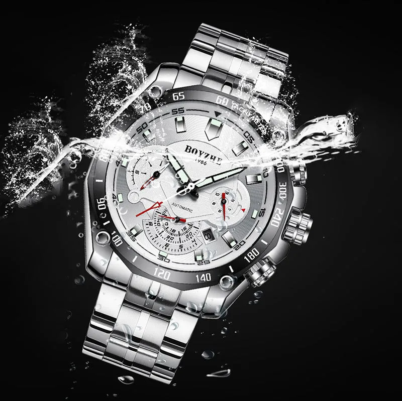BOYZHE Brand Watch Steel Belt  Waterproof Fashion Sports Men Mechanical Watches