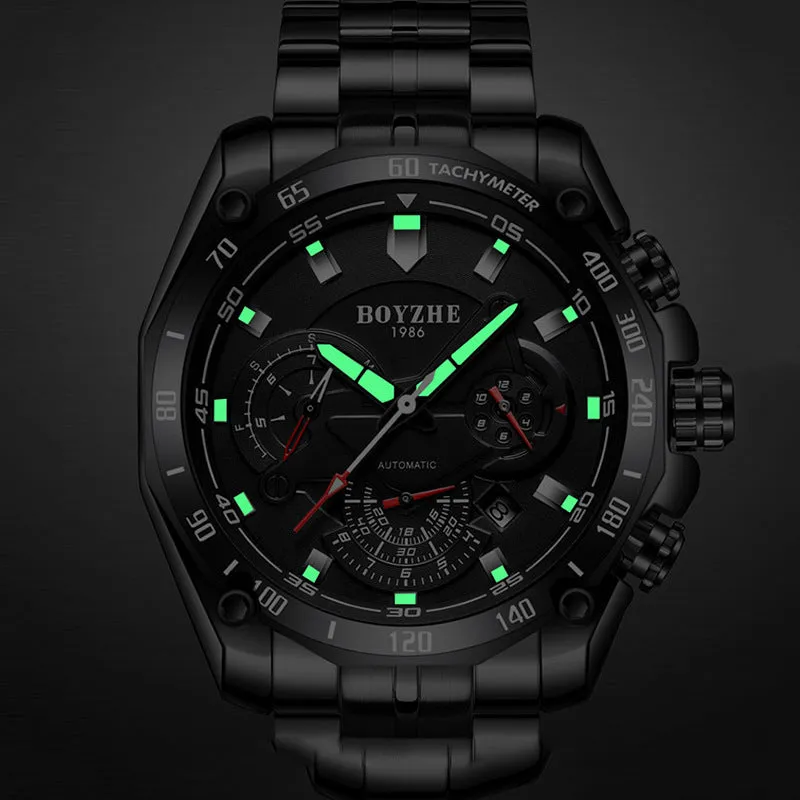 BOYZHE Brand Watch Steel Belt  Waterproof Fashion Sports Men Mechanical Watches