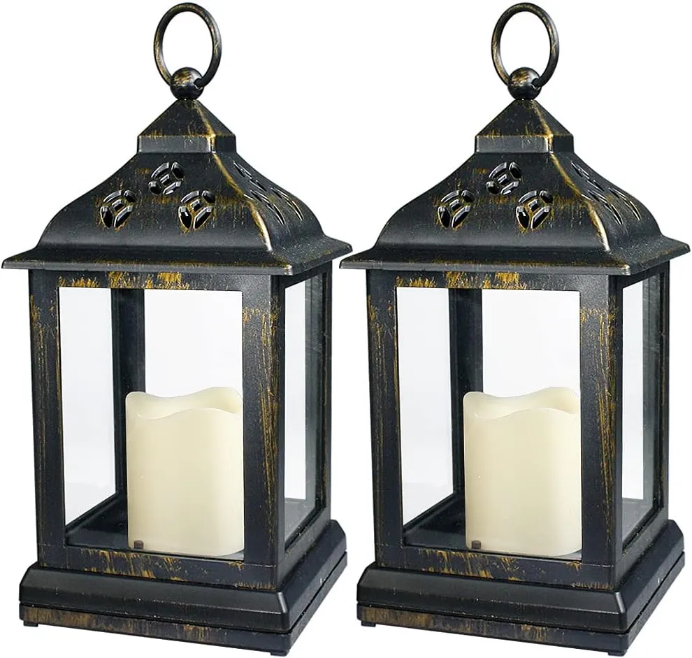 Bright Zeal 2-Pack 9.5" Distressed Bronzes Indoor Candle Lantern with LED Flameless Candle - Battery Operated Lanterns Indoor Decorative Lanterns with Timer Candles