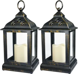 Bright Zeal 2-Pack 9.5" Distressed Bronzes Indoor Candle Lantern with LED Flameless Candle - Battery Operated Lanterns Indoor Decorative Lanterns with Timer Candles
