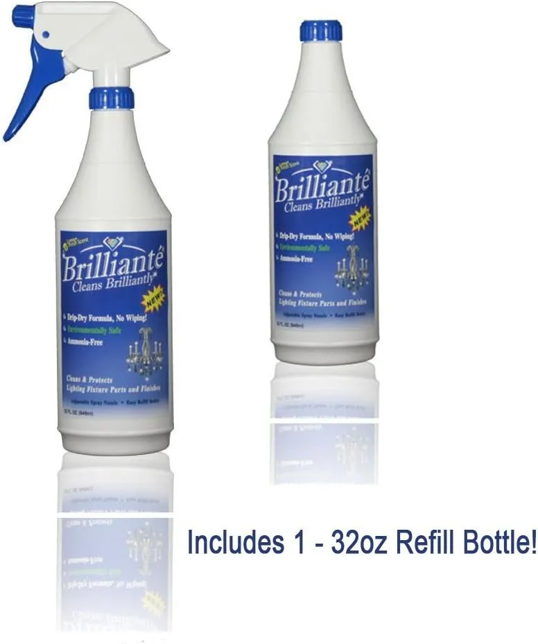 Brilliante Crystal Chandelier Cleaner - Manual Sprayer 32oz Environmentally Safe, Ammonia-free, Drip-dry Formula, Made in USA (2 Pack)