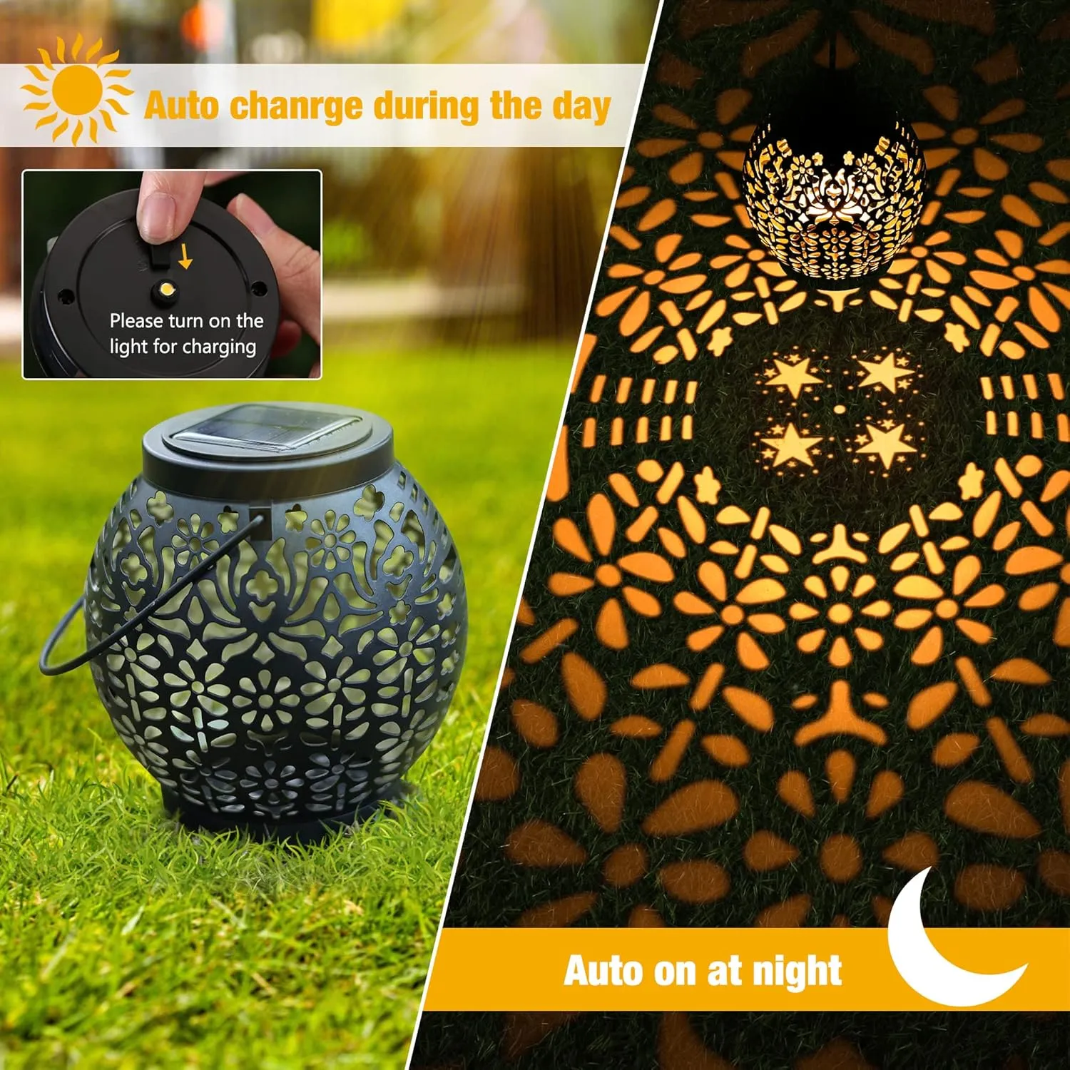 Brizled Solar Lantern Lights, 2 Pack Outdoor LED Hanging Lantern Lights with Star Projection, Warm White Solar Garden Lighting Retro Table Lanterns Light Waterproof for Garden Patio Courtyard Path
