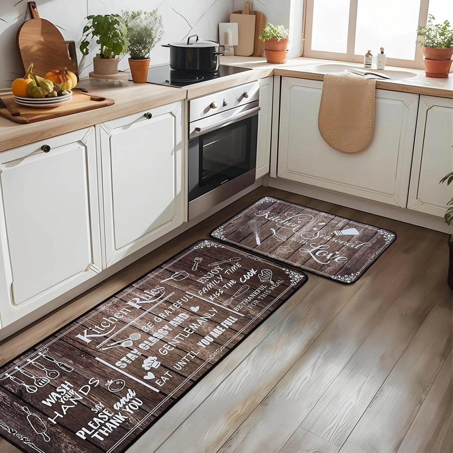 Brown Kitchen Rugs, Anti-Fatigue Kitchen Mats Set of 2, 17"x30" & 17"x47"